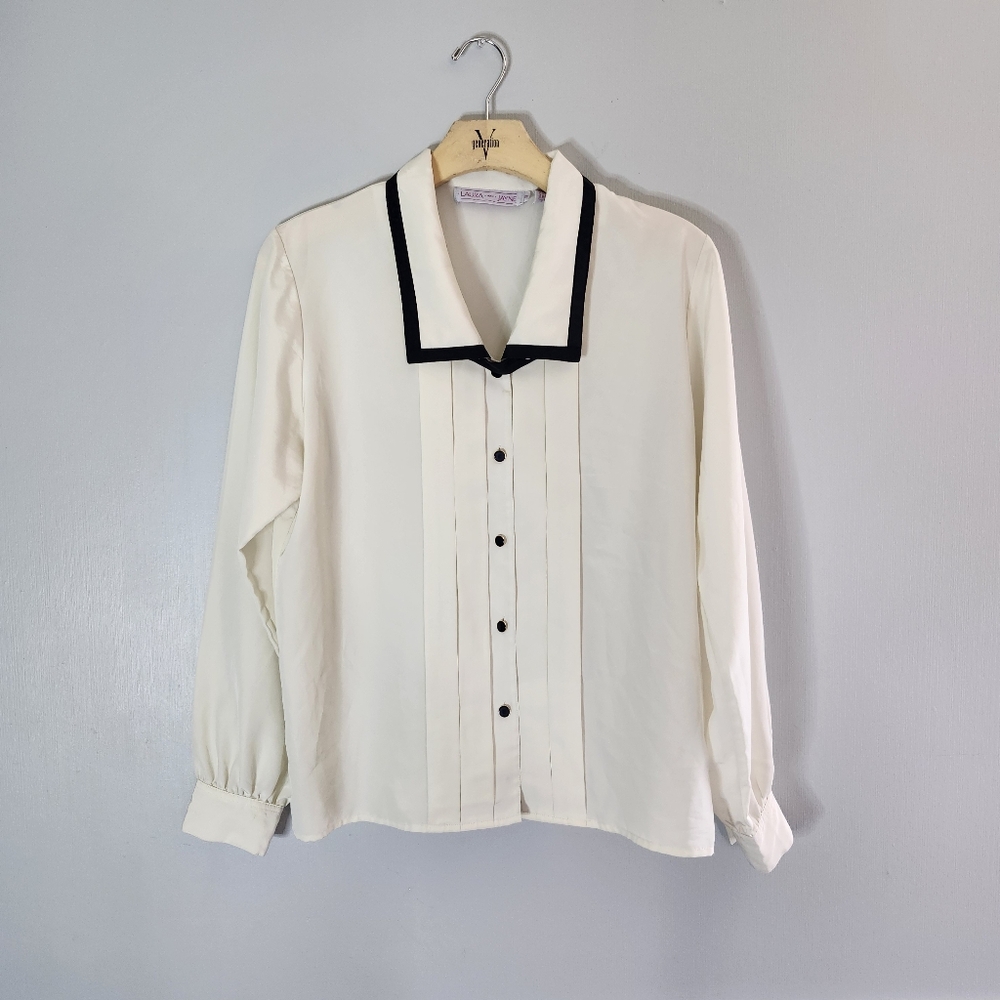 Vtg Minimalist Musician Pleated Square Collar Enamel Buttons Chiffon Shirt
